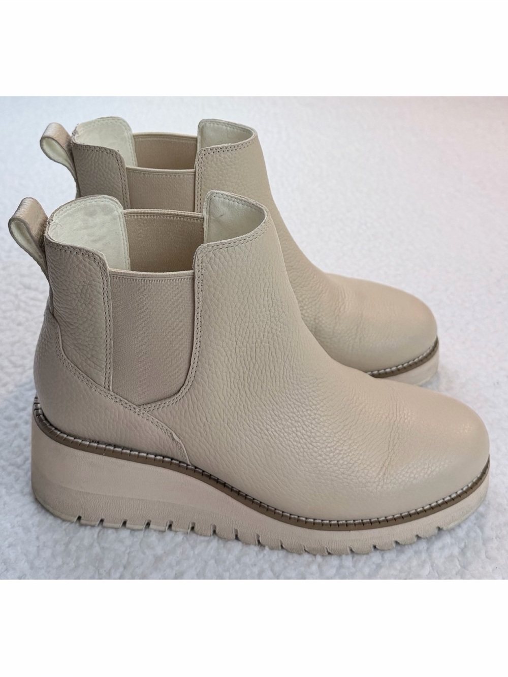 COLE HAAN • Zerogrand Beige/Cream Pebble Leather Chelsea Wedge Ankle Booties, 7
